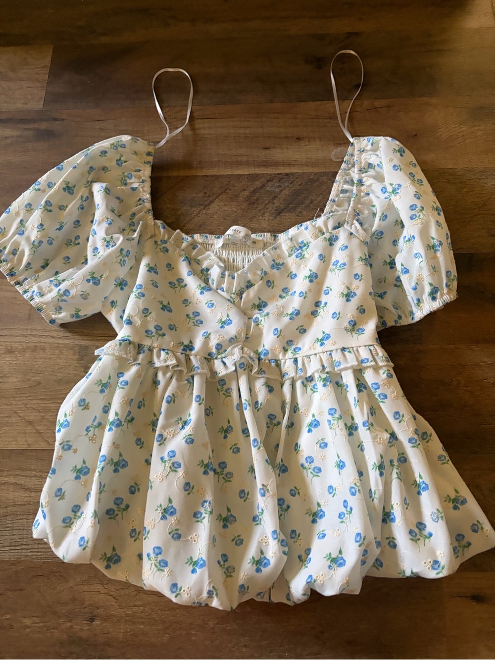 Altar'd State Cream Floral Puff-Sleeve Peplum Cami with Blue Roses